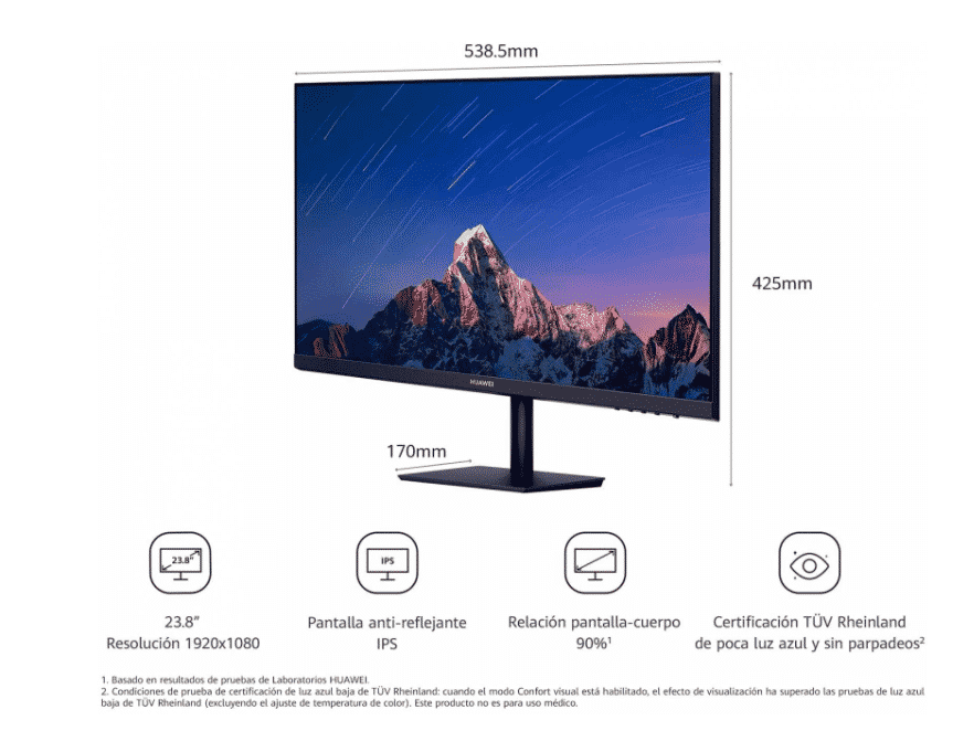 Nombre : Monitor PC Huawei AD80HW Modelo : AD80HW Medidas : 53.85 cm (An.), 42.5 cm (Al.), 17 cm (Pr.), con soporte Color : Negro Compatibilidad : Equipos de cómputo y dispositivos con interfaz HDMI y VGA Características : Pantalla‎ plana de 23.8 pulgadas / Panel LCD con retroiluminación LED / Tecnología IPS / Pantalla mate / Definición Full HD / Resolución 1920 x 1080 píxeles, 93 píxeles por pulgada (PPI) / Relación de aspecto 16:9 / Color 72% gama de colores NTSC / Relación de contraste 1000:1 / 16,7 millones de colores / 5 ms de tiempo de respuesta / Velocidad de actualización de 60 Hz  / Nivel de brillo de 250 nits / Certificación TÜV Rheinland Low Bluelight / Certificación TÜV Rheinland Flicker Free / Ángulo de visualización en 178° de manera horizontal y 178° de manera vertical / 1 puerto HDMI / 1 puerto VGA / 1 puerto de alimentación En La Caja : Monitor PC Huawei AD80HW / Adaptador de alimentación / Cable HDMI / Soporte para escritorio / Documentación de producto