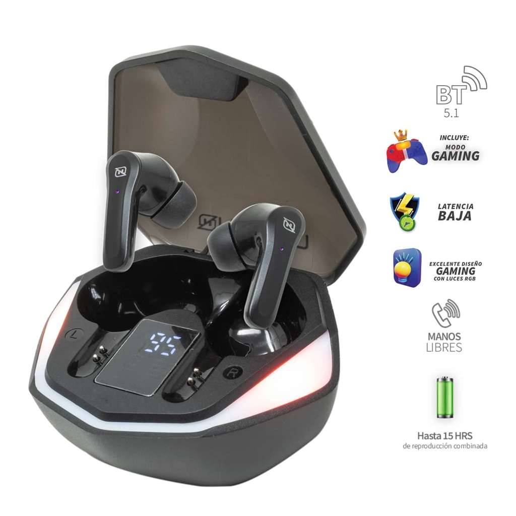 Audifonos  Necnon In-ear Bluetooth Gaming Luz Rgb Display Negro (ncabvi01rg)