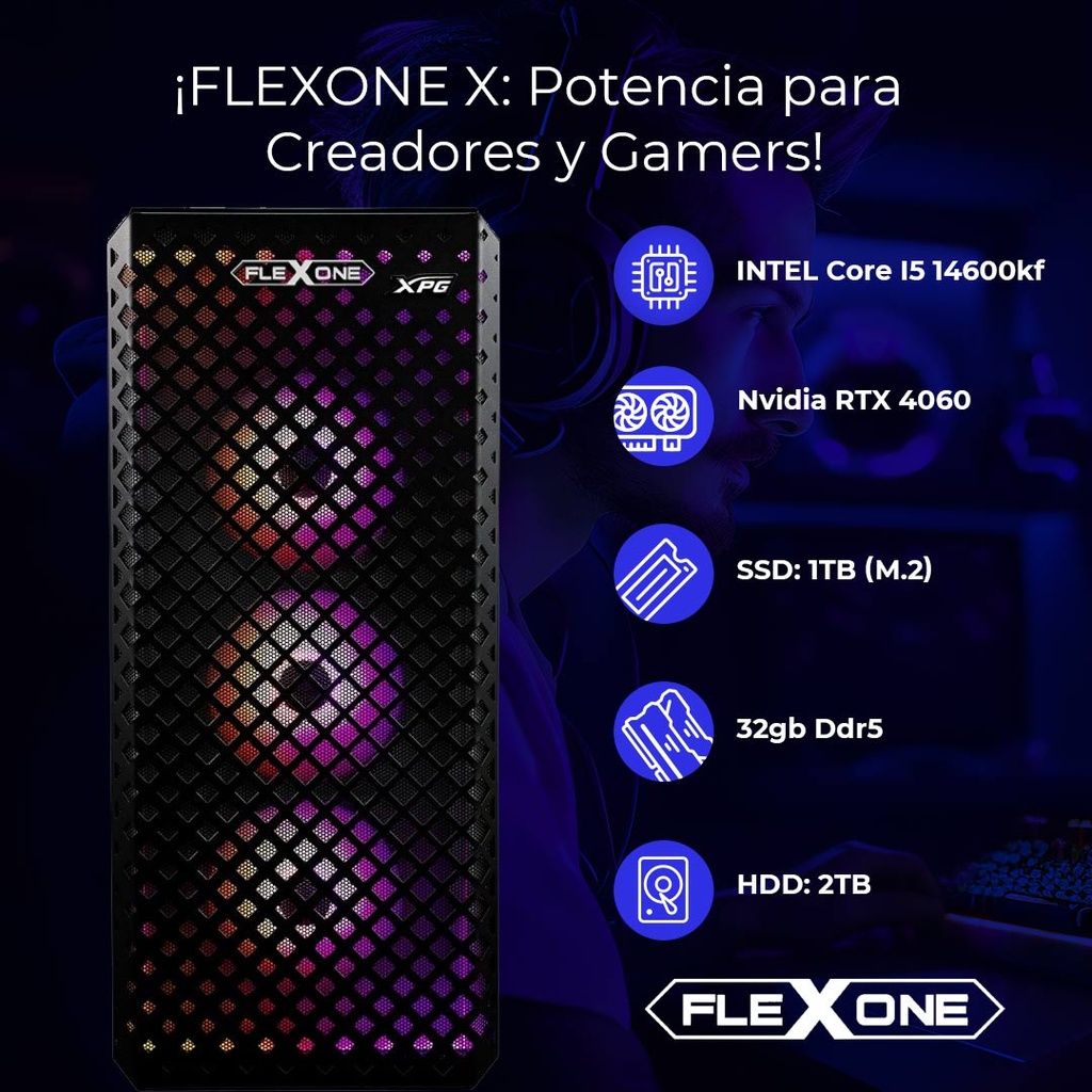 Computadora   Flexone X Intel Core I5 14600kf 32gb Ddr5 B760 1tb SSD M.2 2tb HDD 650w 80+ Watercooling 240mm Wifi Nvidia Rtx4060 8gb