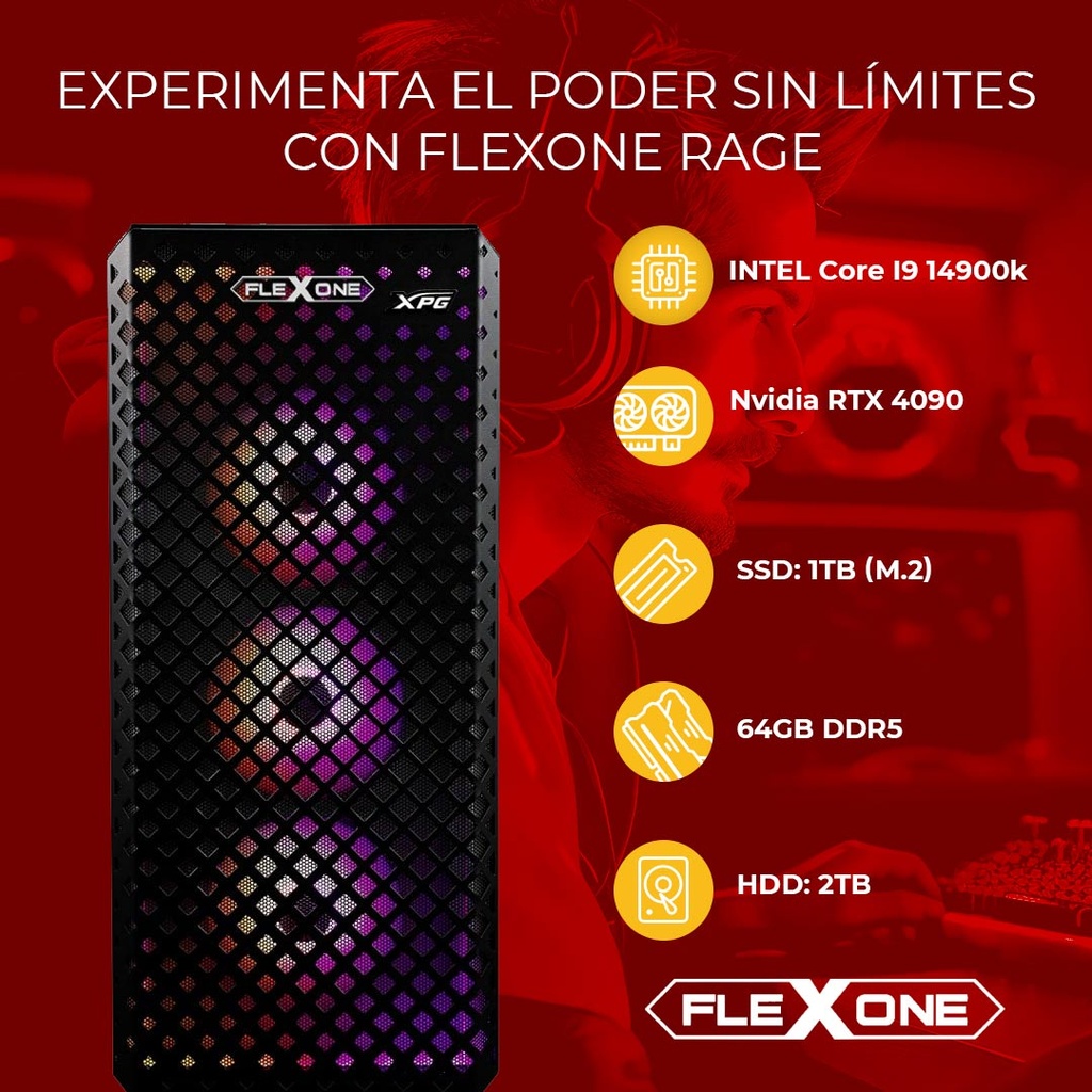 Computadora   Flexone Rage Intel Core I9 14900k 64gb Ddr5 Z790 1tb SSD M.2 2tb HDD 850w 80+ Wc 360mm Wifi Nvidia Rtx4090 24gb