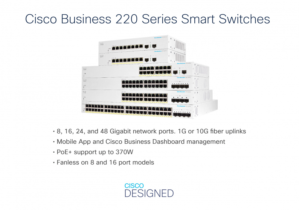 Switch Cisco Gigabit Ethernet Business CBS220, 24 Puertos PoE 10/100/1000 + 4 Puertos SFP, 56Gbit/s, 8.000 Entradas - Administrable