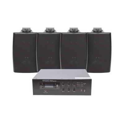 Kit De Amplificador De 120w Para Escritorio | 4 Altavoces De Pared Color Negro 2.5w - 20w | Sistema 70/100v