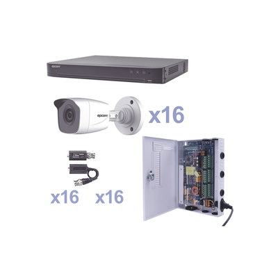 Kit Turbohd 1080p / Dvr 16 Canales / 16 Cámaras Bala (exterior 2.8 Mm) / Transceptores / Conectores / Fuente De Poder Profesional