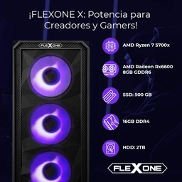 [dim-flexone-x-ryzen7] Computadora          Flexone X AMD Ryzen 7 5700x 16gb DDR4 500gb SSD 2tb HDD Fuente 500w 80 Plus Inalambrico Wifi Radeon Rx6600 8gb Watercooling 240mm