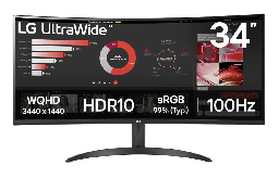 [34WR50QK] MONITOR PC LG CURVO ULTRAWIDE QHD 34, RESOL. 3440X1440, 1800R, PANEL VA, REL. 21:9, BRILLO 300 CD/M2, CONTR. 3000:1, TR 5MS, 100 HZ, HDR10, HDMI, DISPLAY PORT, MONTABLE PARED 100X100, NEGRO