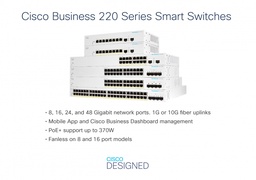 [CBS220-24FP-4G-NA] Switch Cisco Gigabit Ethernet Business 220, 24 Puertos PoE 10/100/1000 + 4 Puertos SFP, Full PoE 382W, 56 Gbit/s, 8.192 Entradas - Administrable